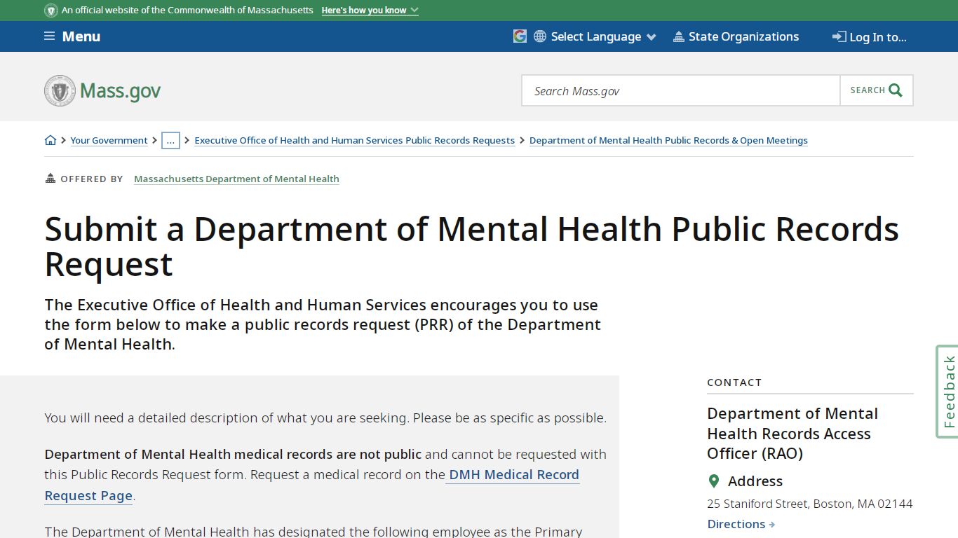 Submit a Department of Mental Health Public Records Request